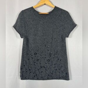 DKNY Donna Karan Sweater Lambswool Angora Beaded Floral Short Sleeve Elegant Lg